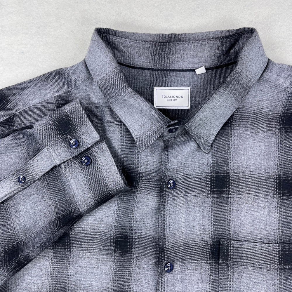 7Diamonds Luxe Soft Grey Black Shadow Plaid Rayon Blend Flannel Shirt Mens XL